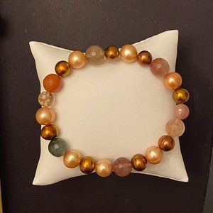 Autumn-Colored Golden Pearl & Peach Rutilated Quartz Stretch Bracelet, 7"